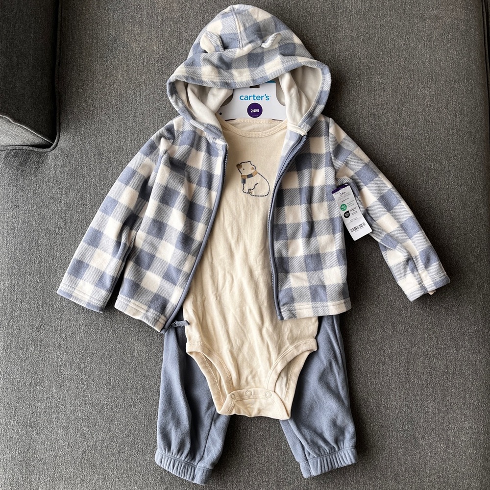 Carter's 3 Piece Blue Plaid Fleece Set 24M